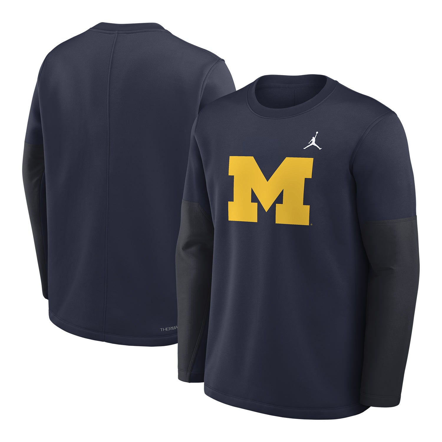 Michigan Wolverines Jordan Navy Midweight Coaches Crewneck Jacket In Navy - Front & back View