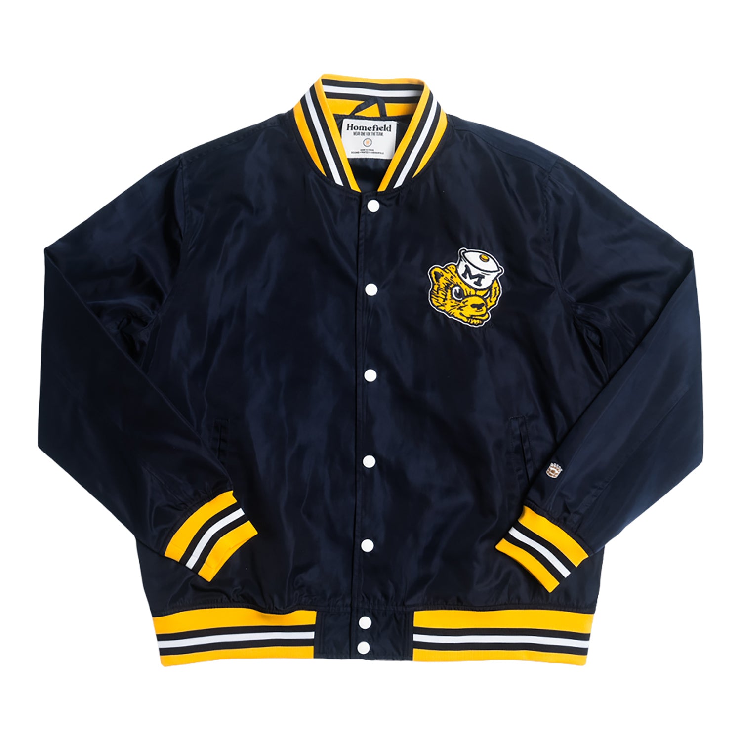 Michigan Wolverines Navy Homefield Retro Bomber Jacket In Black - Front View