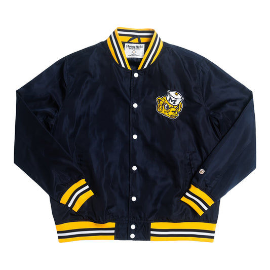 Michigan Wolverines Navy Homefield Retro Bomber Jacket In Black - Front View