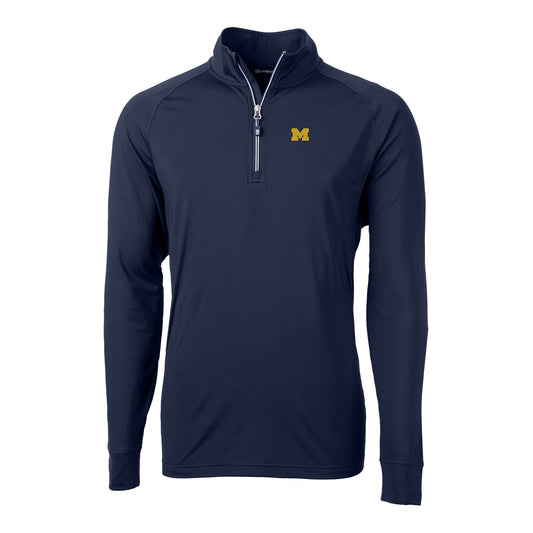 Michigan Wolverines Cutter & Buck 1/4 Zip Adapt Eco Knit Pullover Navy Jacket - Front View