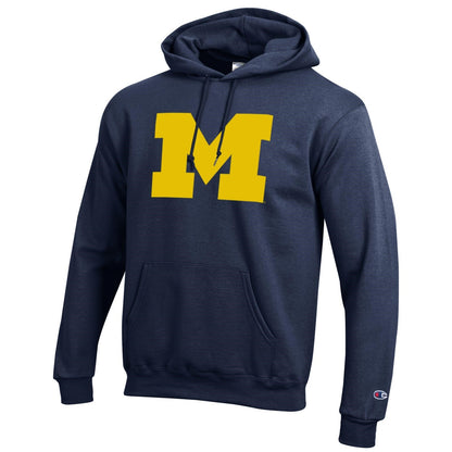 Michigan Wolverines Blue Champion Tackle Twill Primary Logo Hooded Sweatshirt - Angled View