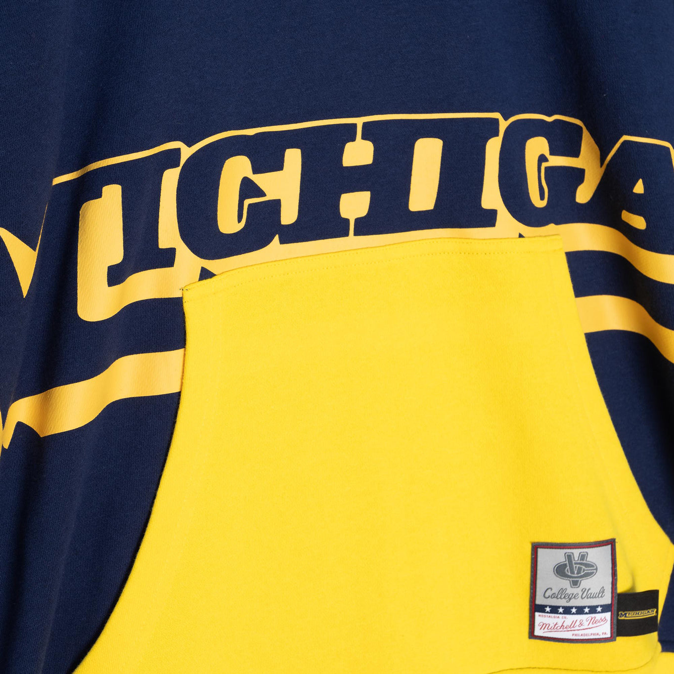 Michigan Wolverines Blue Mitchell & Ness Big Face Hooded Sweatshirt - Up Close View