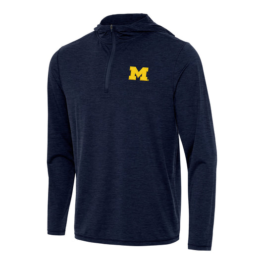 Michigan Wolverines Antigua Blue Tidy Primary Logo 1/2 Zip Pullover Hoodie - Front View