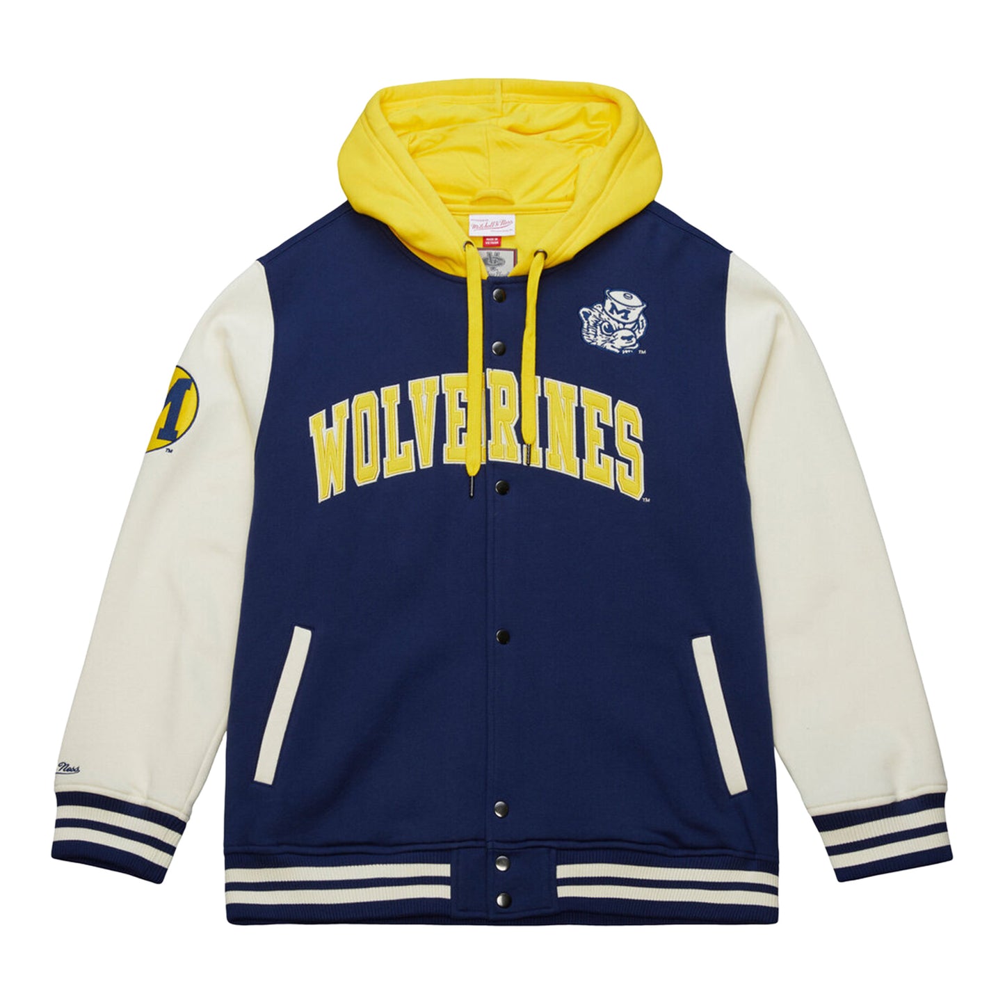 Michigan Wolverines Hooded Full-Button Fleece Vintage Jacket In Navy - Front View