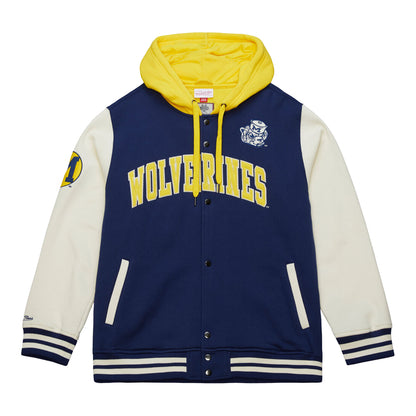 Michigan Wolverines Hooded Full-Button Fleece Vintage Jacket In Navy - Front View