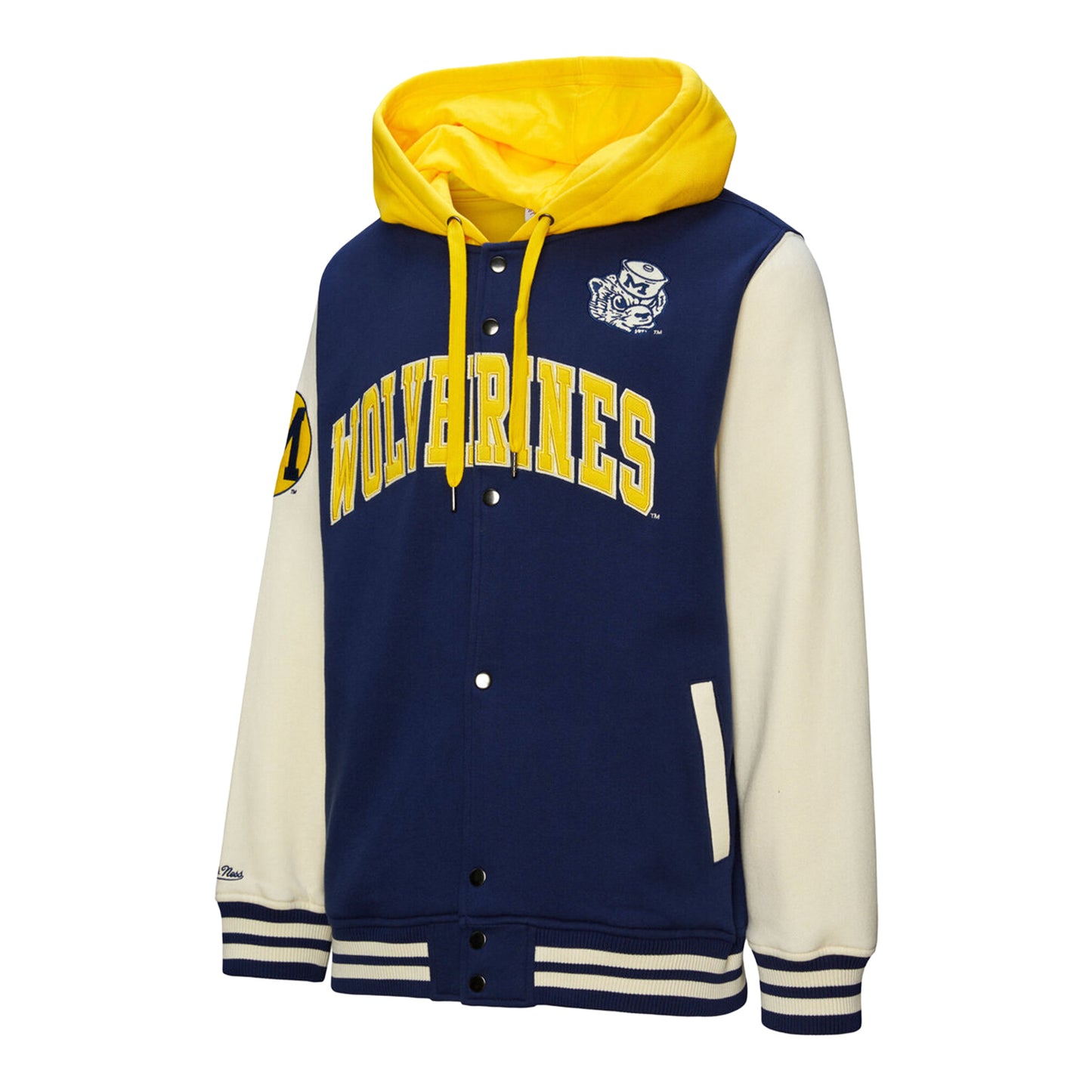 Michigan Wolverines Hooded Full-Button Fleece Vintage Jacket In Navy - Front View