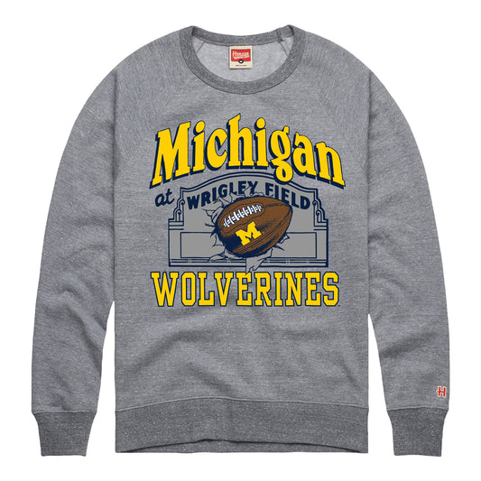 Michigan Wolverines Football Wrigley Field Game Crewneck Sweatshirt In Grey - Front View