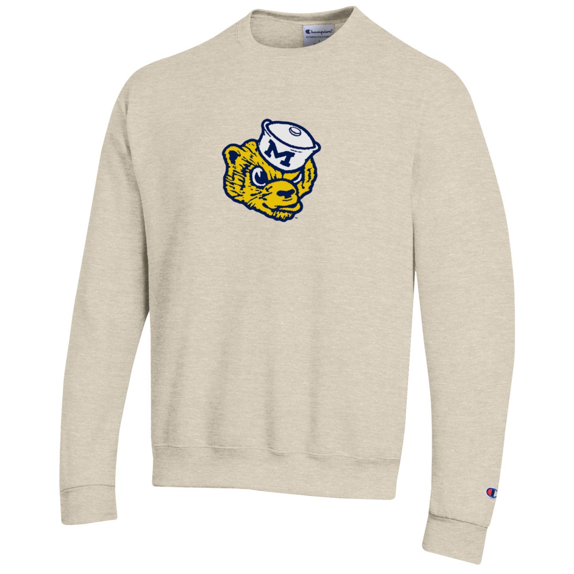 Michigan Wolverines Champion Powerblend Vault Oatmeal Crewneck - Front View