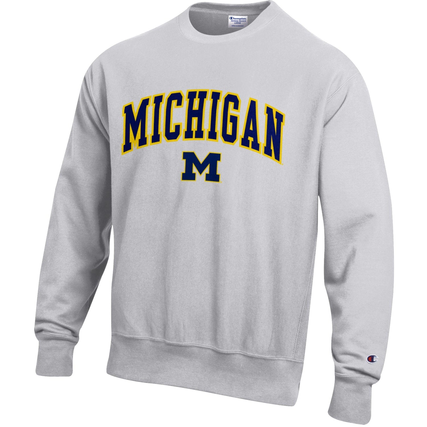 Michigan Wolverines Champion Reverse Weave Grey Crewneck - Front View