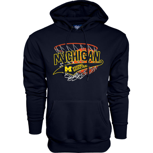 Michigan Wolverines Tail Sweep Basketball Hoop Navy Hoodie - Front View