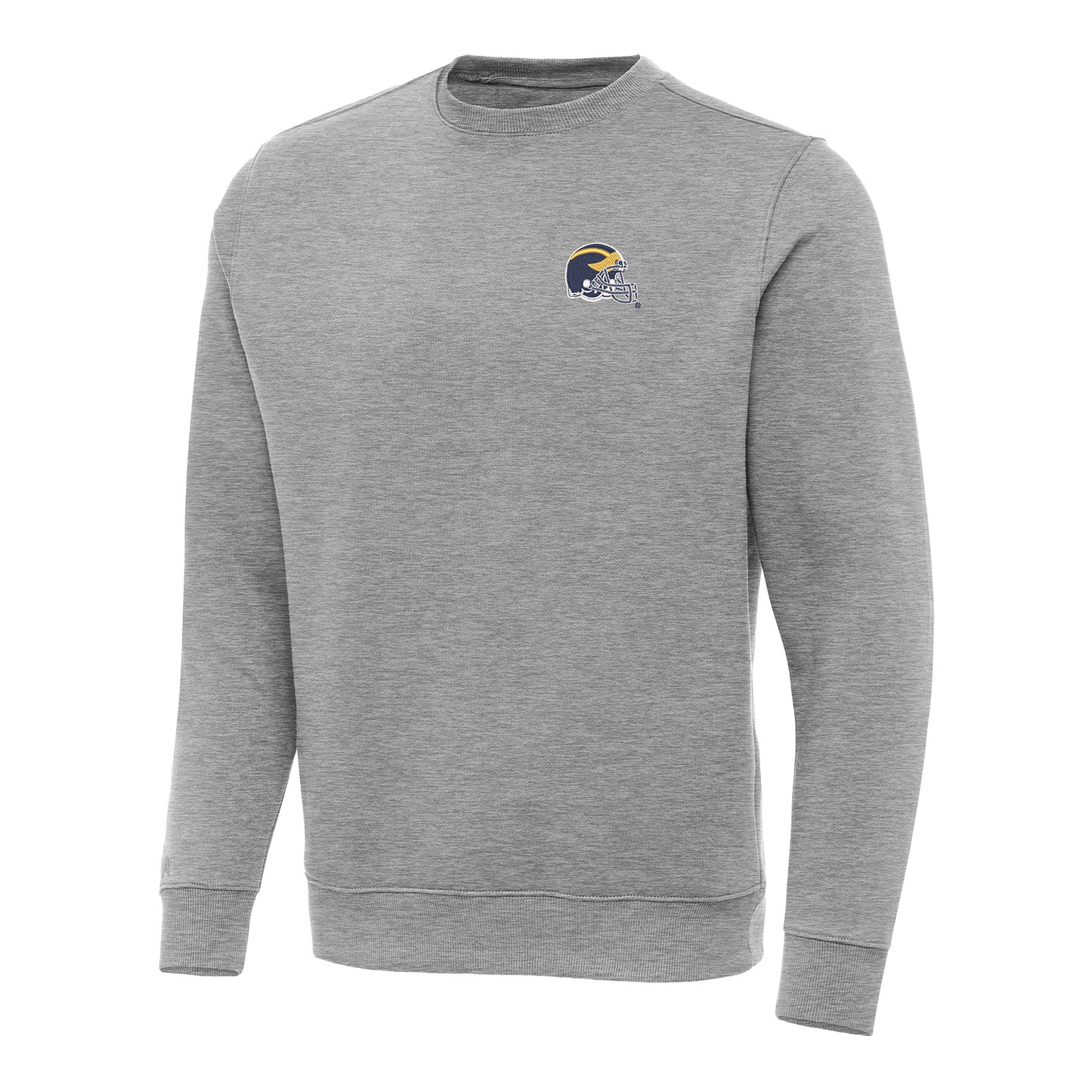 Michigan Wolverines Helmet Antigua Victory Gray Crewneck Sweatshirt - Front View