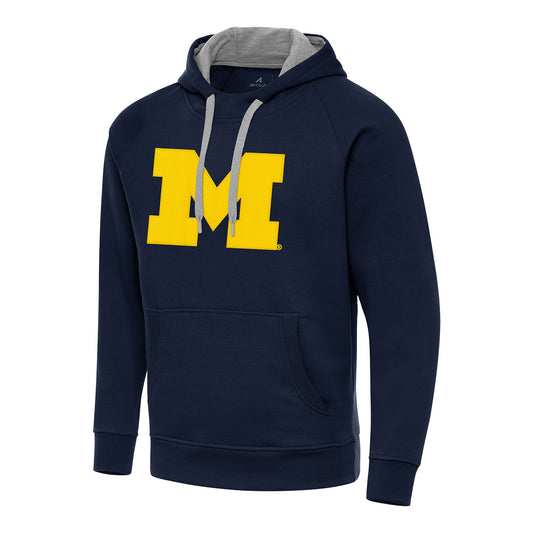 Michigan Wolverines Antigua Victory Navy Hooded Sweatshirt - Front View