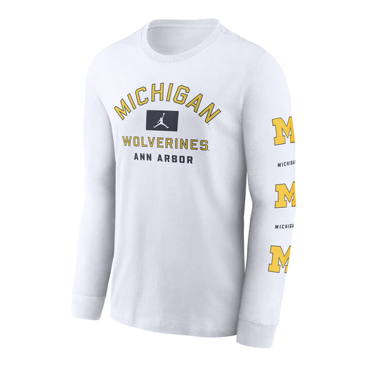 Michigan Wolverines Jordan White Sleeve Repeater Long Sleeve T-Shirt - Front View