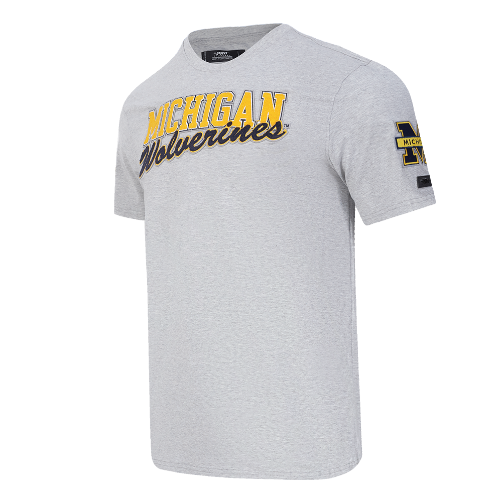 Michigan Wolverines Gray Pro Standard Wordmark Sleeve Hits T-Shirt - Angled View