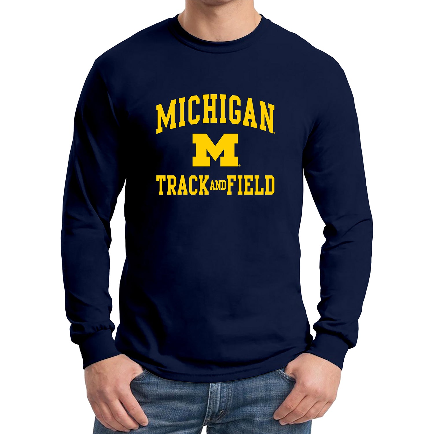 Michigan Wolverines Track & Field Long Sleeve Navy T-Shirt - Front View