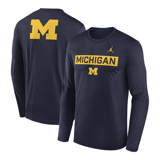 Michigan Wolverines Nike Jordan Legend 2-Hit Long Sleeve T-Shirt In Navy - Front & Back View