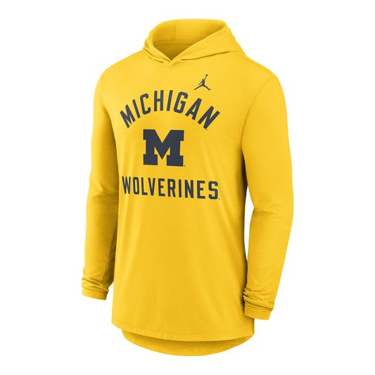 Michigan Wolverines Nike Jordan Long Sleeve Hooded Maize Tee - Front View