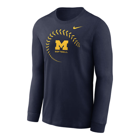 Michigan Wolverines Softball Long Sleeve Nike Navy T-Shirt - Front View