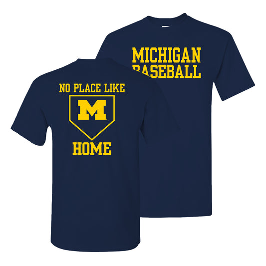 Michigan Wolverines Baseball No Place Like Home T-Shirt In Navy - Front & Back View