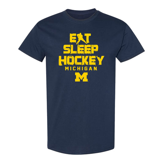 Michigan Wolverines Eat Sleep Hockey T-Shirt In Navy - Front View