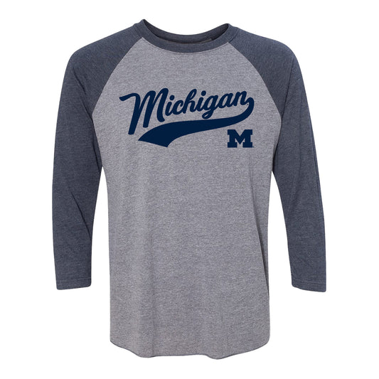 Michigan Wolverines Raglan Script Wordmark Long Sleeve T-Shirt - Front View