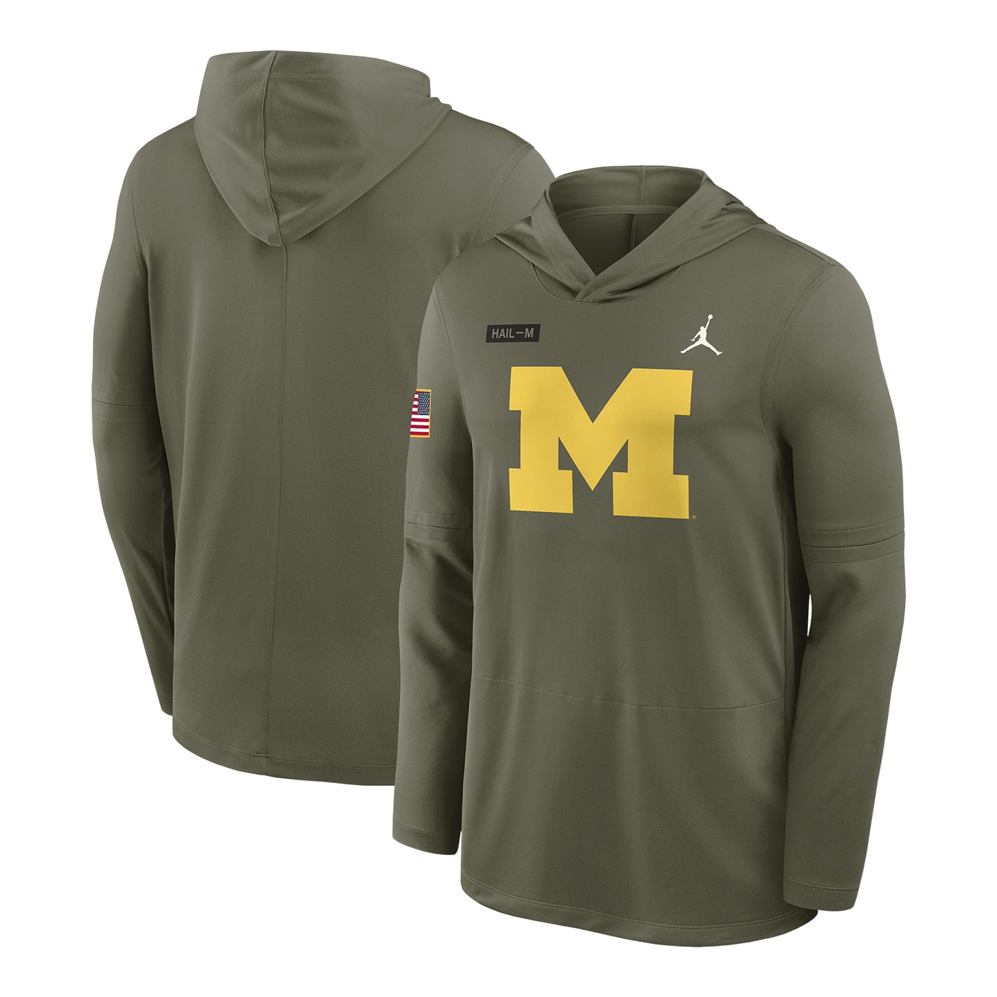 Michigan Wolverines Military Appreciation Forest Green Hoodie T-Shirt - Front & Back View