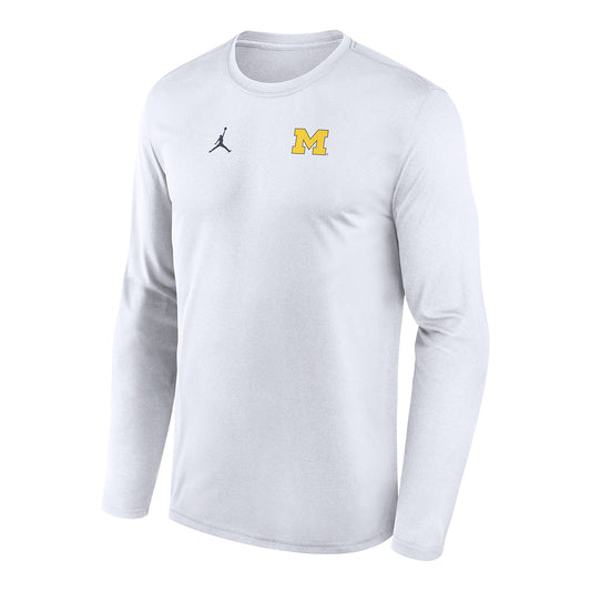 Michigan Wolverines Jordan White Block M Long Sleeve Tee In White - Front View