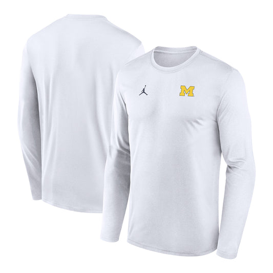 Michigan Wolverines Jordan White Block M Long Sleeve Tee In White - Front & Back View
