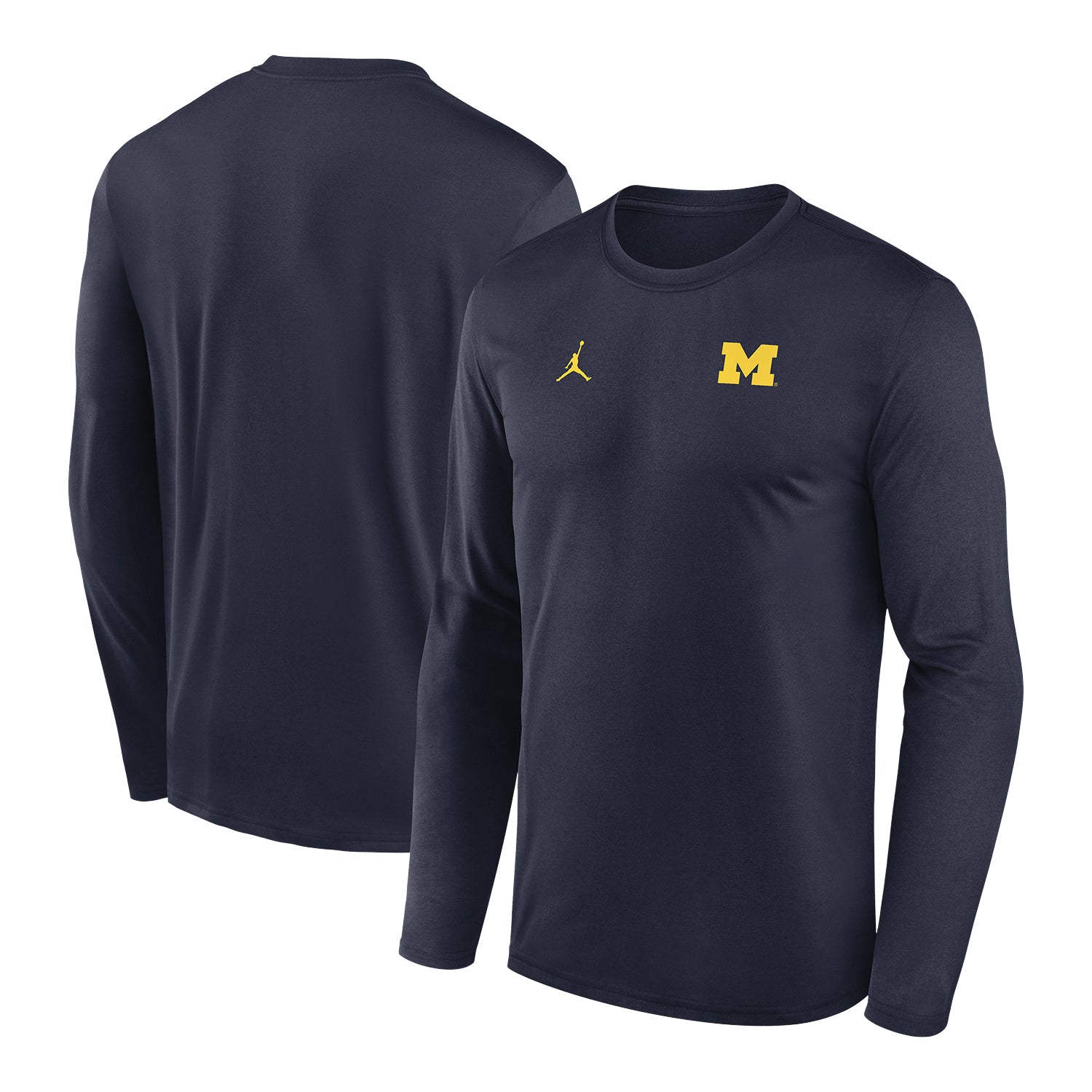 Michigan Wolverines Jordan Navy Block M Long Sleeve Tee In Black - Front & Back View