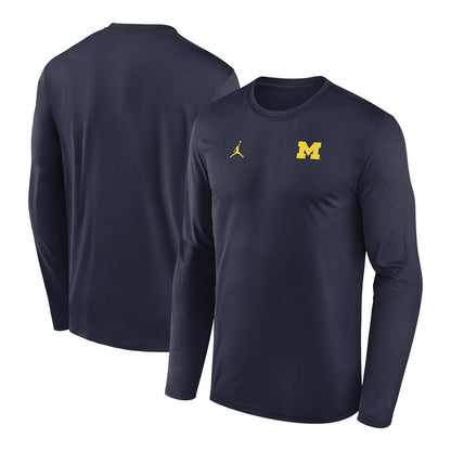 Michigan Wolverines Jordan Navy Block M Long Sleeve Tee In Black - Front & Back View