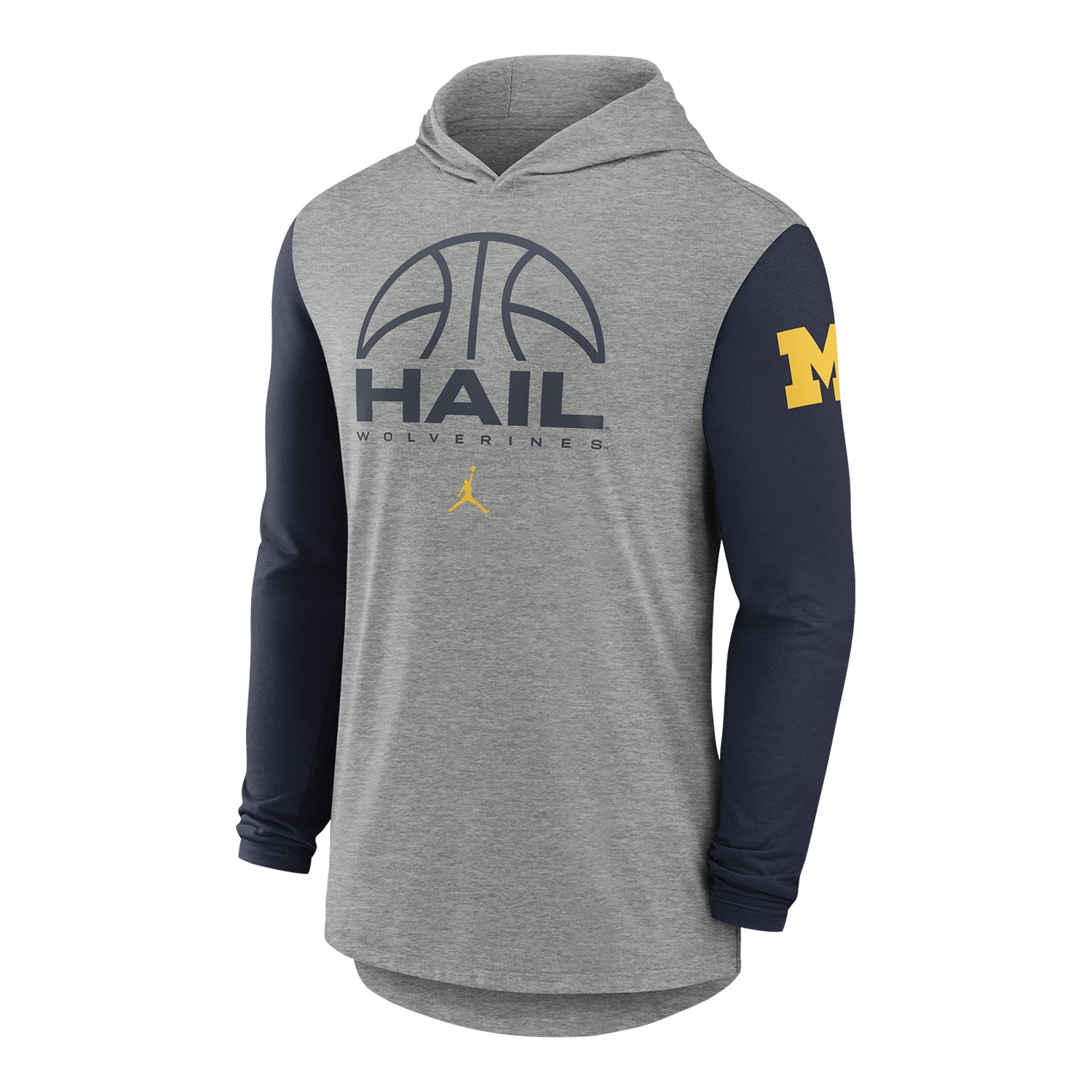 Michigan Wolverines Jordan Brand Basketball Color-Block Tri-Blend Dri-FIT Long Sleeve Hooded Tee In Grey - Front View
