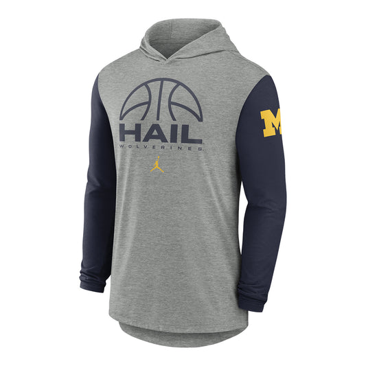Michigan Wolverines Jordan Brand Basketball Color-Block Tri-Blend Dri-FIT Long Sleeve Hooded Tee In Grey - Front View