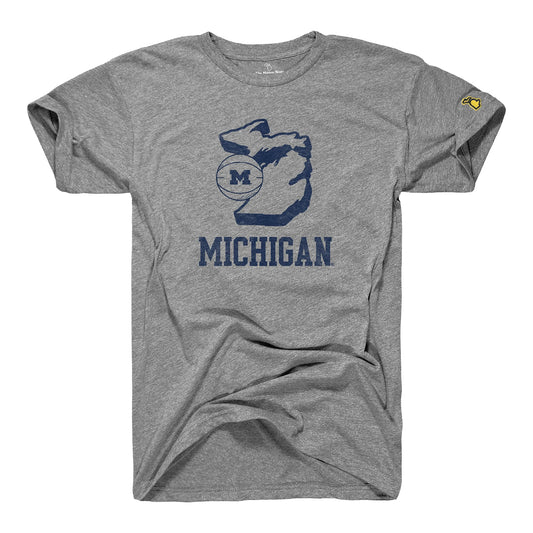 Michigan Wolverines Basketball State Outline Grey T-Shirt In Grey - Front View