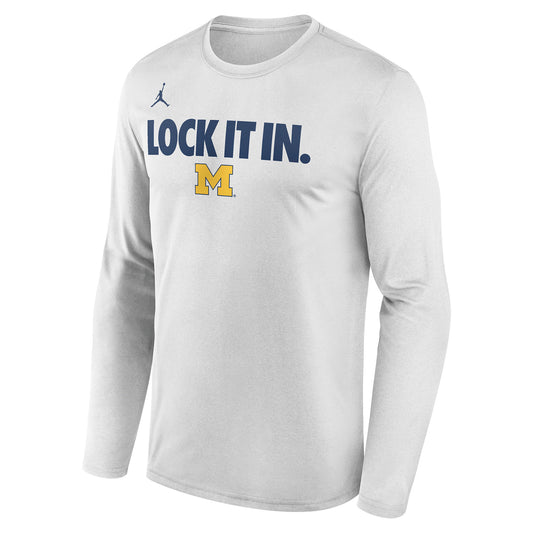 Michigan Wolverines Nike White Lock It In Long Sleeve Bench Tee - Front View