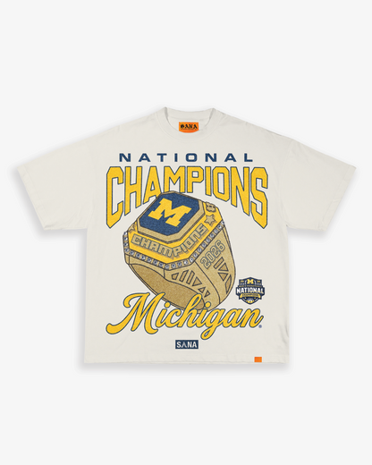 Michigan Wolverines Men's Basketball National Champions Cream Ring T-Shirt - Front View
