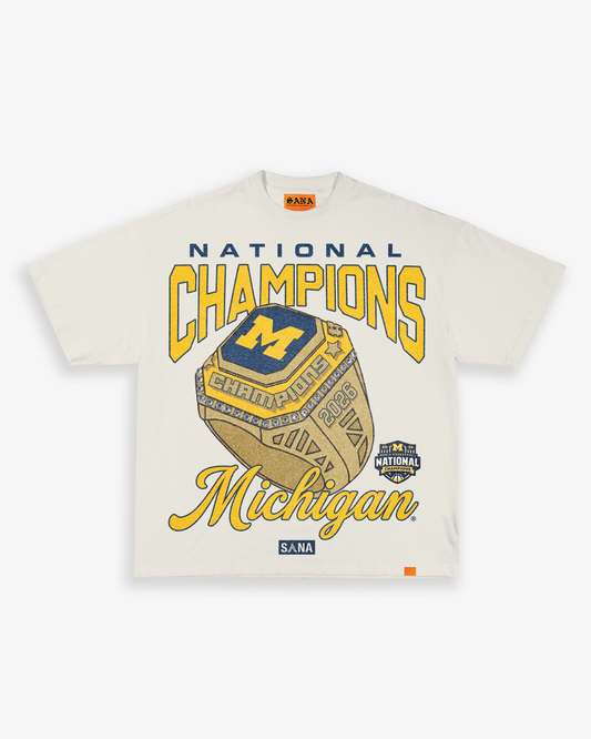 Michigan Wolverines Men's Basketball National Champions Cream Ring T-Shirt - Front View