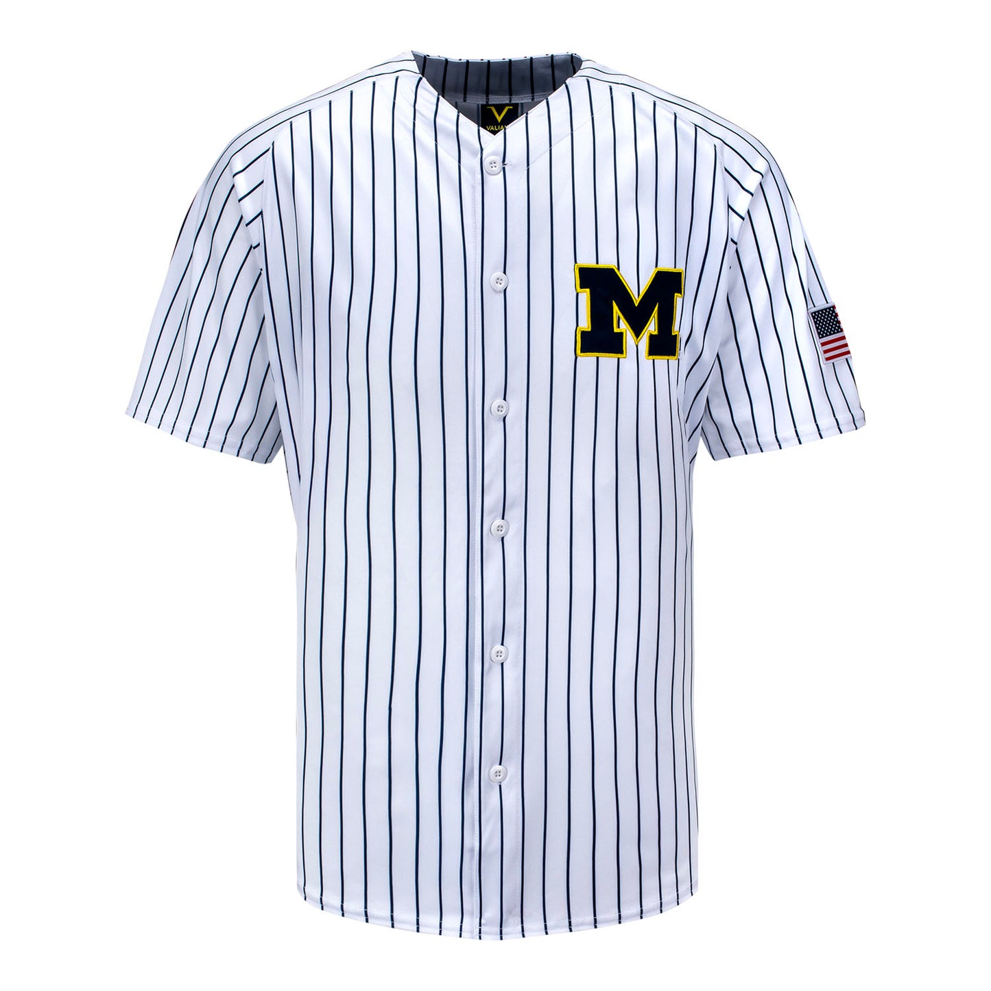 Michigan Wolverines Valiant White with Blue Pinstripe Baseball Jersey In White - Front View