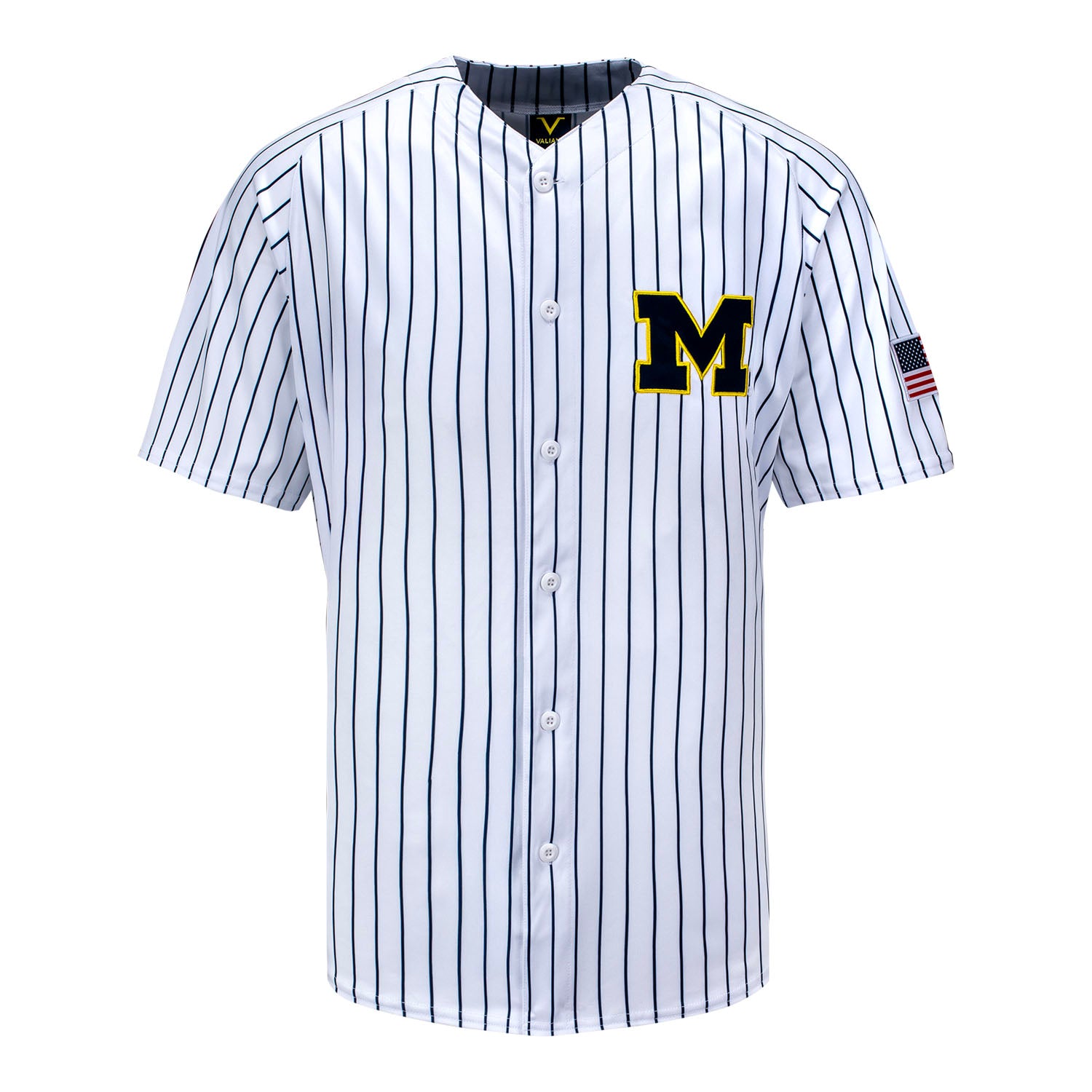 Michigan Wolverines Valiant White with Blue Pinstripe Baseball Jersey In White - Front View