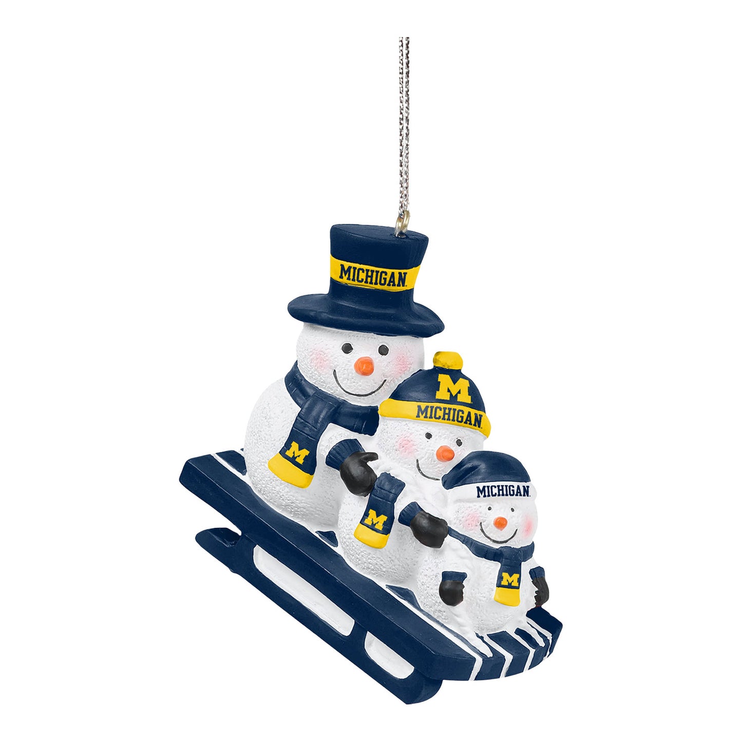 Michigan Wolverines Snowman Sledding Family Holiday Ornament In White - Front View