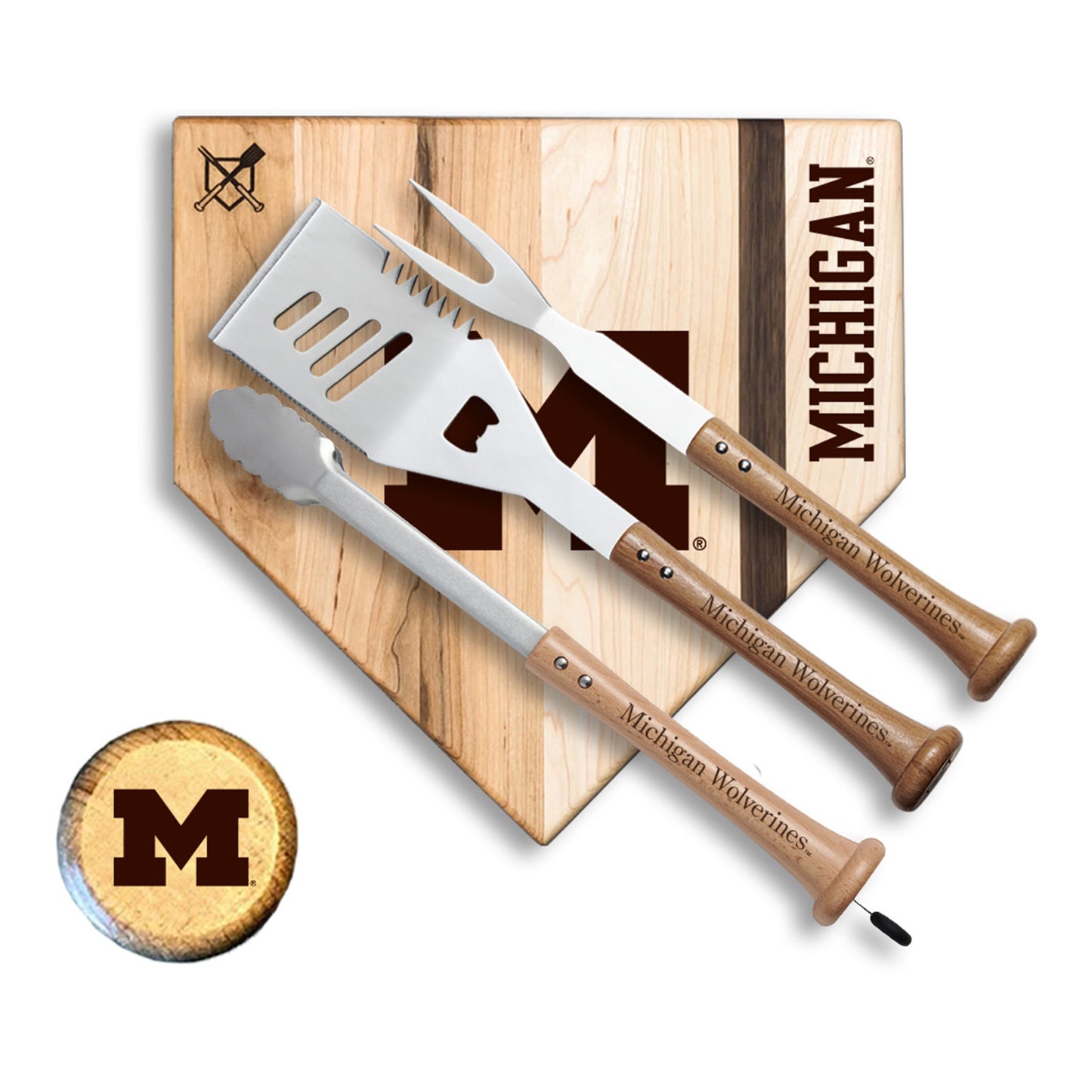 Michigan Wolverines 12" Silver Slugger BBQ Set In Brown - Front View