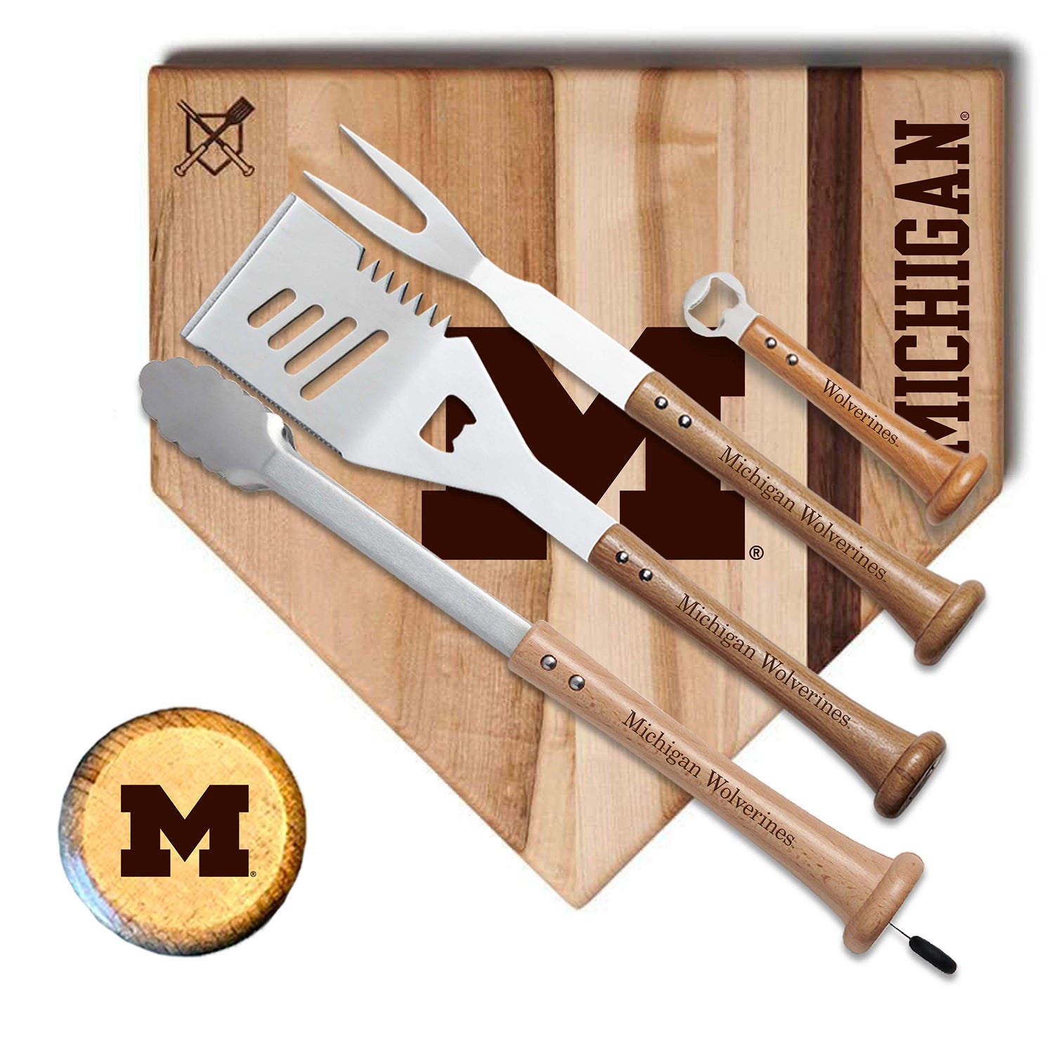 Michigan Wolverines 17" Grand Slam BBQ Set In Brown - Front View
