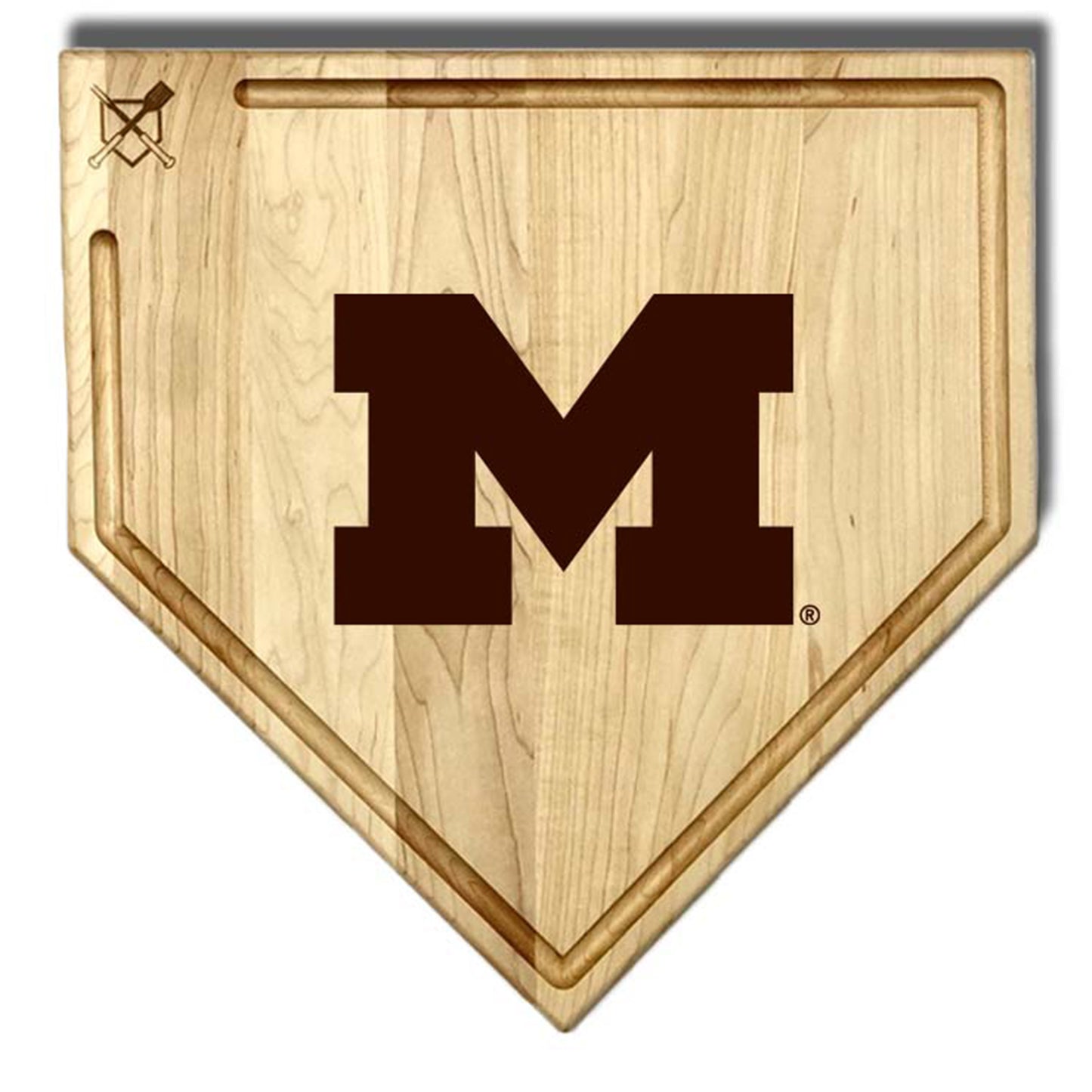Michigan Wolverines 17" Home Plate Cutting Board with Trough In Brown - Front View