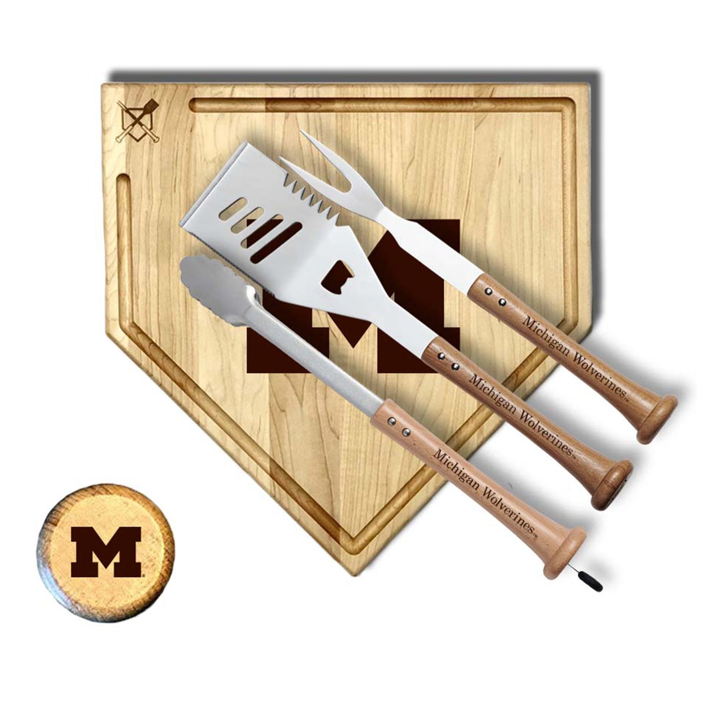 Michigan Wolverines 17" Silver Slugger BBQ Set with Cutting Board Trough In Brown - Front View