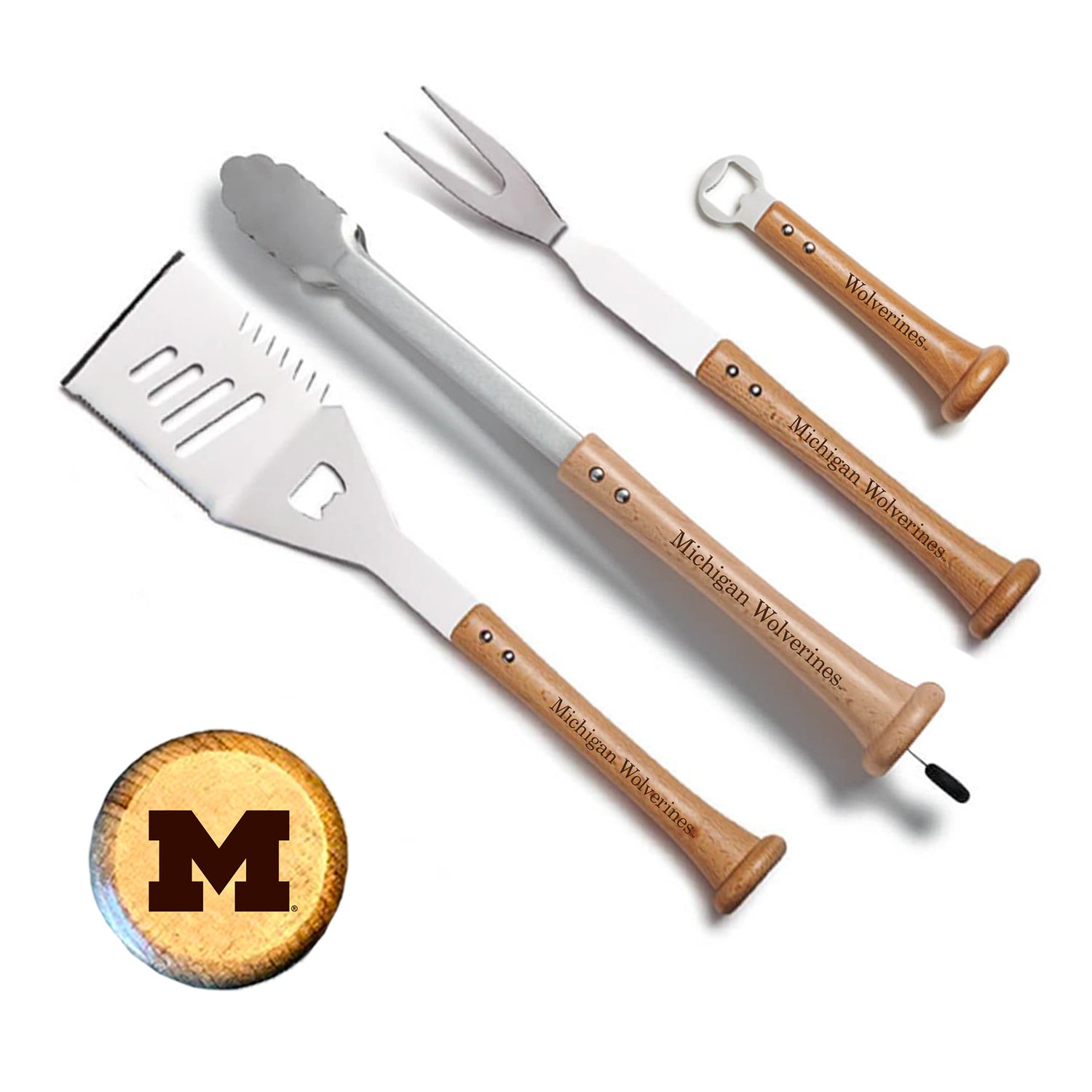 Michigan Wolverines Home Run Barbecue Tool Set In Brown - Front View
