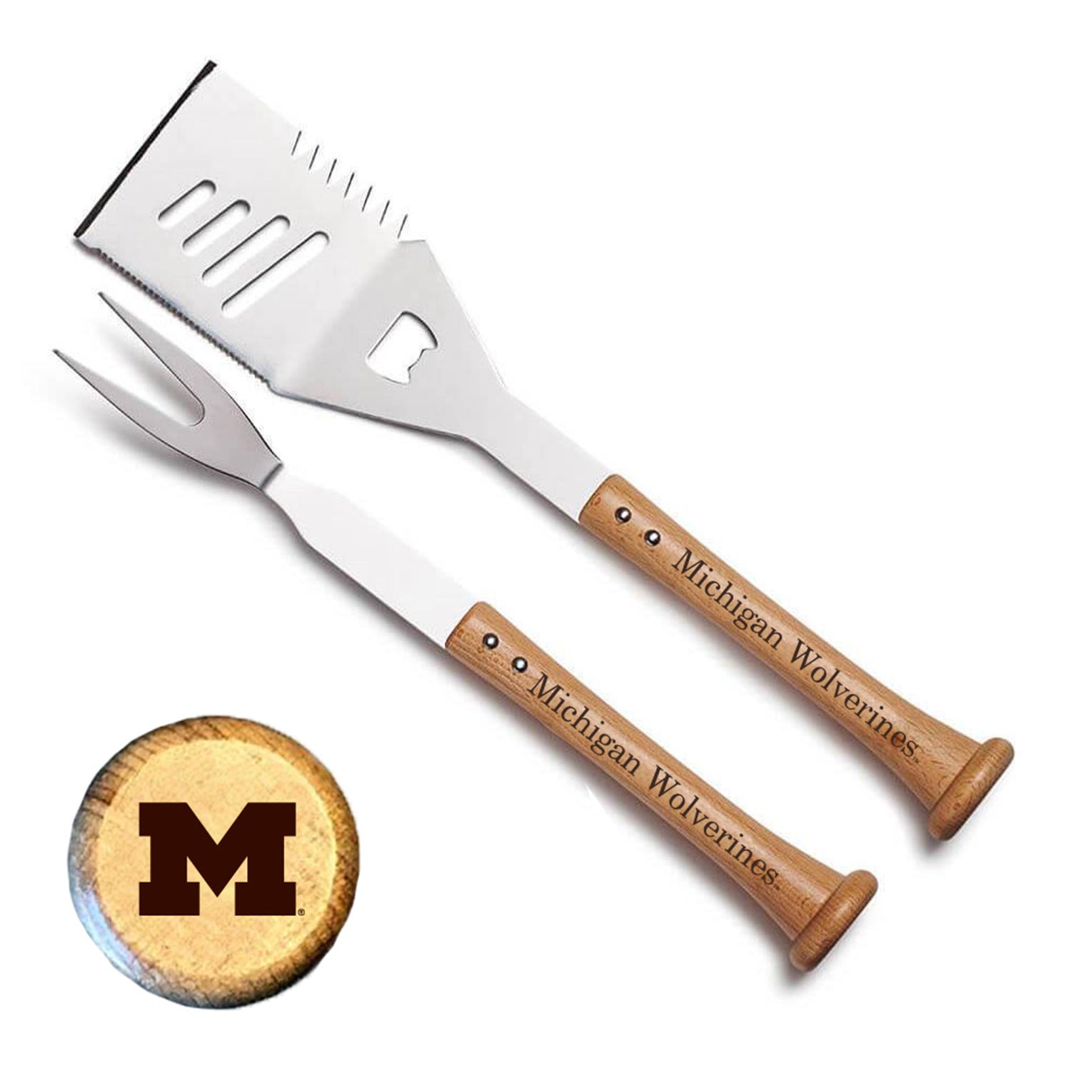 Michigan Wolverines Turn Two Barbecue Tool Set In Brown - Front View