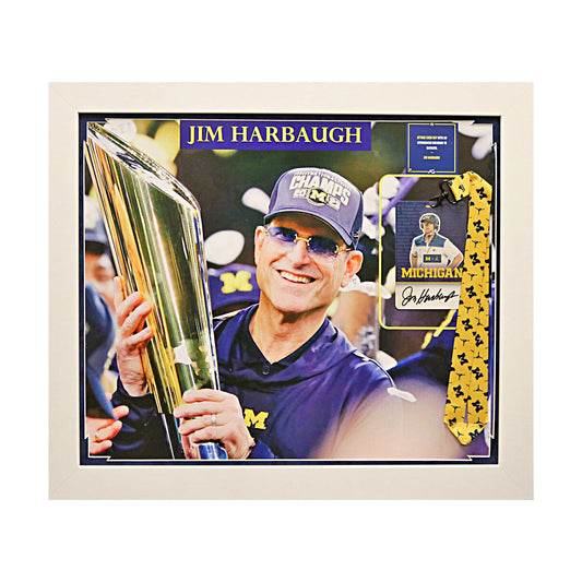 Jim Harbaugh Michigan Wolverines Autographed Signed 2023 Credential Pass 20" x 24" Framed Collage In Frame - Front View