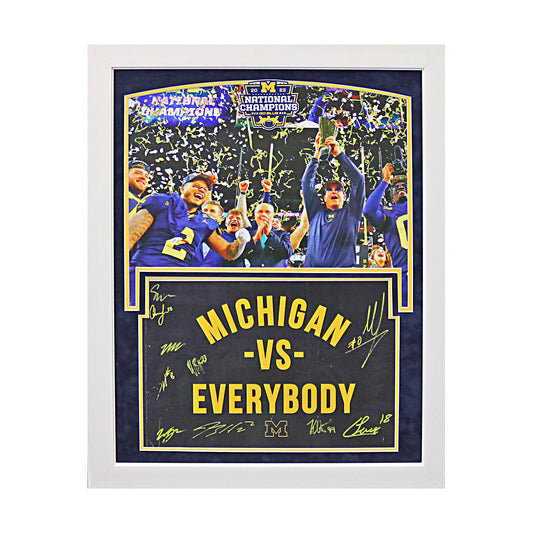 Michigan Wolverines Autographed Signed 9 Signature 2023 'Michigan vs Everybody" Sign 22" x 28" Framed Collage - Front View