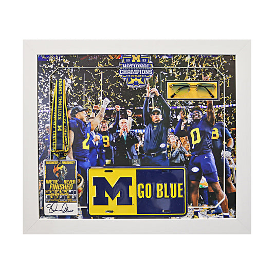 Sherrone Moore & Will Johnson Michigan Wolverines 2023 National Champions Dual Autographed Signed Credentials, Sunglasses, License Plate 20" x 24" Framed Collage - Front View