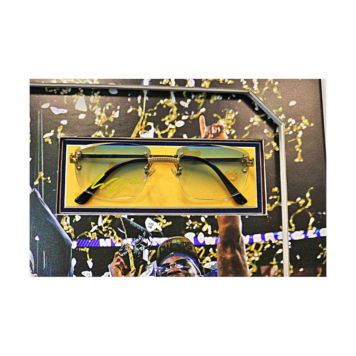 Sherrone Moore & Will Johnson Michigan Wolverines 2023 National Champions Dual Autographed Signed Credentials, Sunglasses, License Plate 20" x 24" Framed Collage - Glasses View