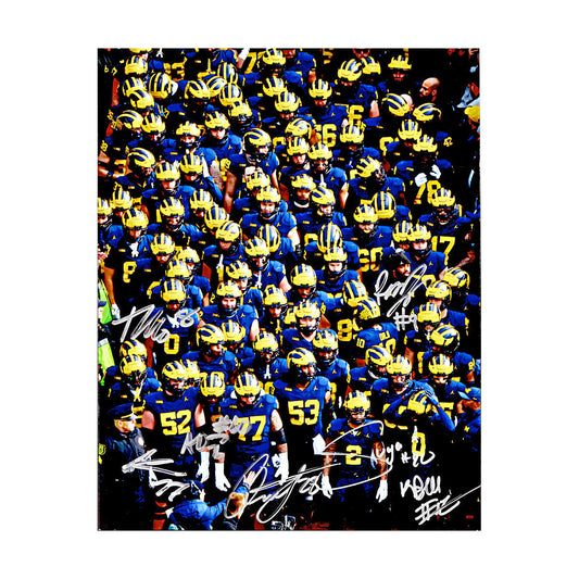 Michigan Wolverines 7 Signature (Bell,Hill,Johnson,Klein,Moore,Morris,Orji) Autographed Signed Tunnel Exit 8x10 Photo (CX Champions Circle LOA) - Front View